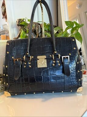 Vintage Nordstrom genuine leather Black Croc-Embossed Satchel with Gold Hardware